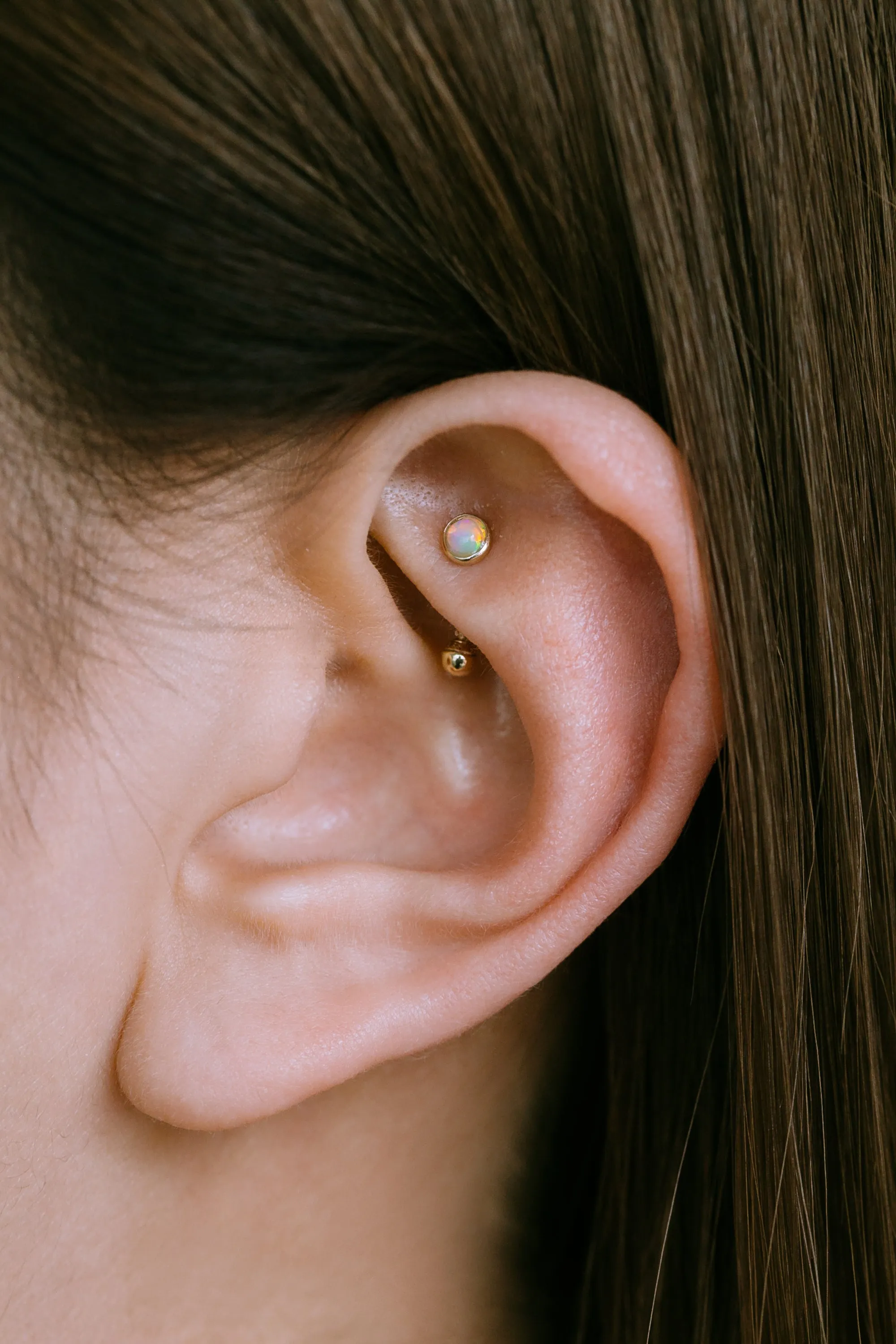 14K Solid Gold White Blue Pink Opal 4MM Snug Rook Eyebrow Navel Daith Banana Curved Ear Earring Barbell Piercing for Women Men 16g 18g Jewelry