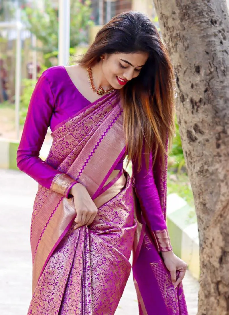 Adorable Magenta Pink Color Silk Base Saree
