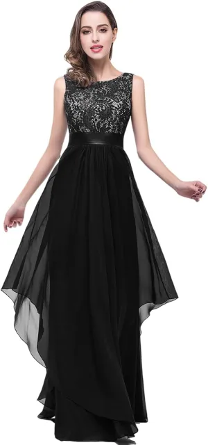 BABYONLINE D.R.E.S.S. Womens Sleeveless Evening Party Cocktail Formal Long Dress Lace Chiffon Tiered Formal Evening Gowns