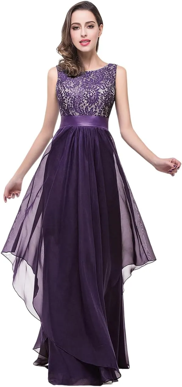 BABYONLINE D.R.E.S.S. Womens Sleeveless Evening Party Cocktail Formal Long Dress Lace Chiffon Tiered Formal Evening Gowns