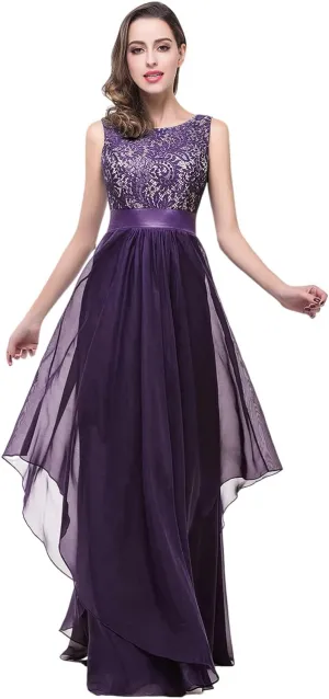 BABYONLINE D.R.E.S.S. Womens Sleeveless Evening Party Cocktail Formal Long Dress Lace Chiffon Tiered Formal Evening Gowns