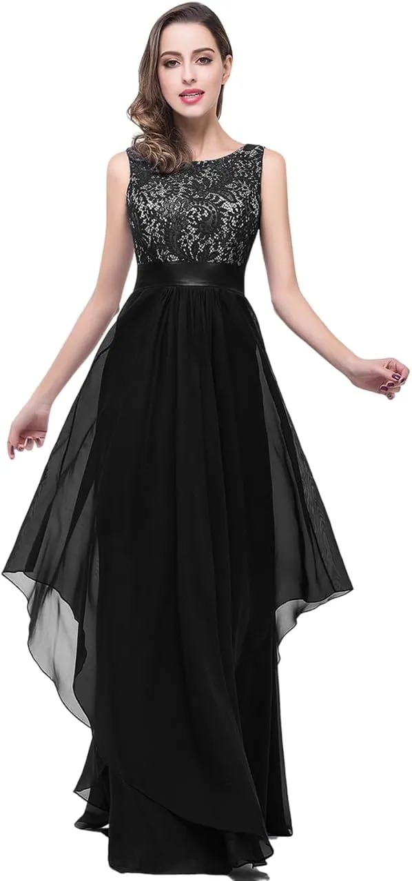 BABYONLINE D.R.E.S.S. Womens Sleeveless Evening Party Cocktail Formal Long Dress Lace Chiffon Tiered Formal Evening Gowns