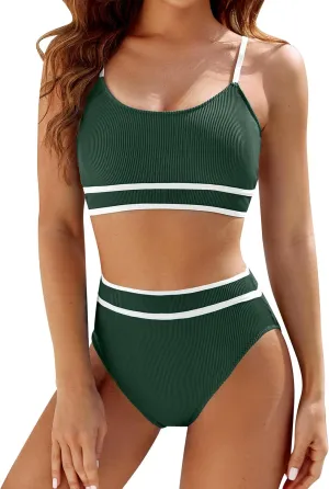 BMJL Womens High Waisted Bikini Sets Tummy Control Swimsuits Two Piece Sporty Color Block Bathing Suit Beach Wear