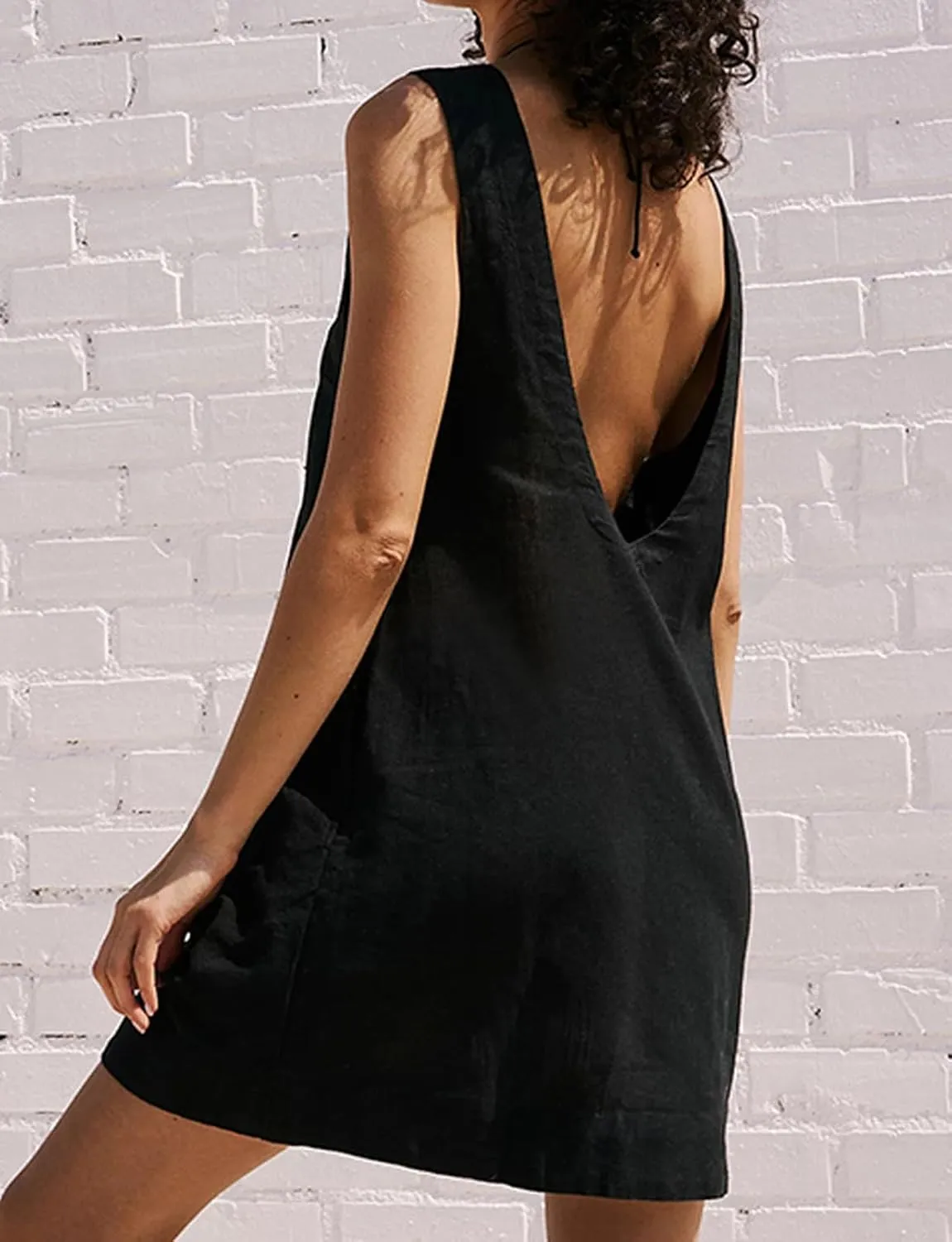 CHARTOU Women Cotton Linen Shift Dress Sleeveless Tank Mini Dress Open Back Summer Dress Beach Short Tunic Dress