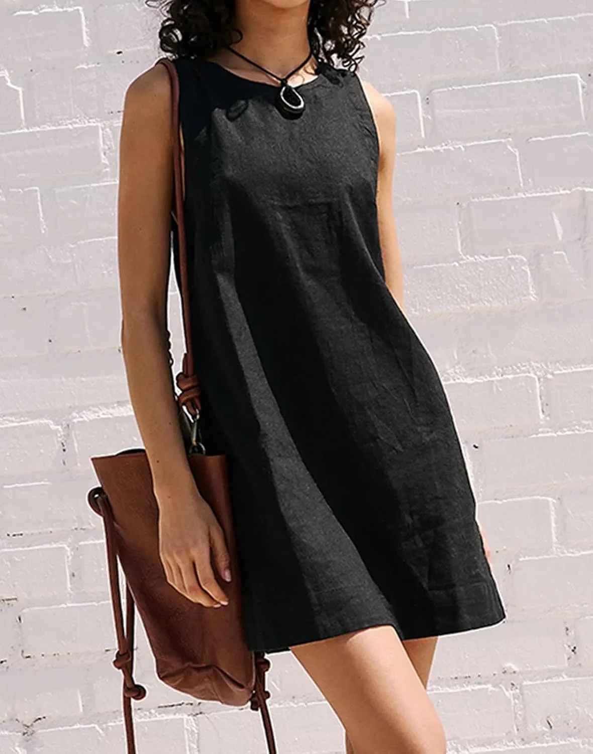CHARTOU Women Cotton Linen Shift Dress Sleeveless Tank Mini Dress Open Back Summer Dress Beach Short Tunic Dress