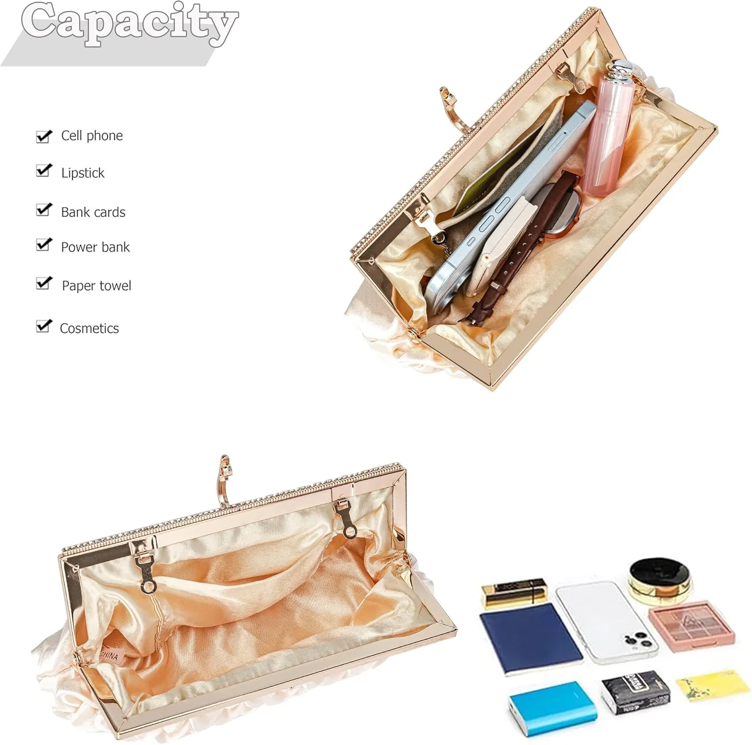 Classic Satin Clutch Bag Diamante Embellished Formal Evening Handbag for Wedding Prom Party Purses