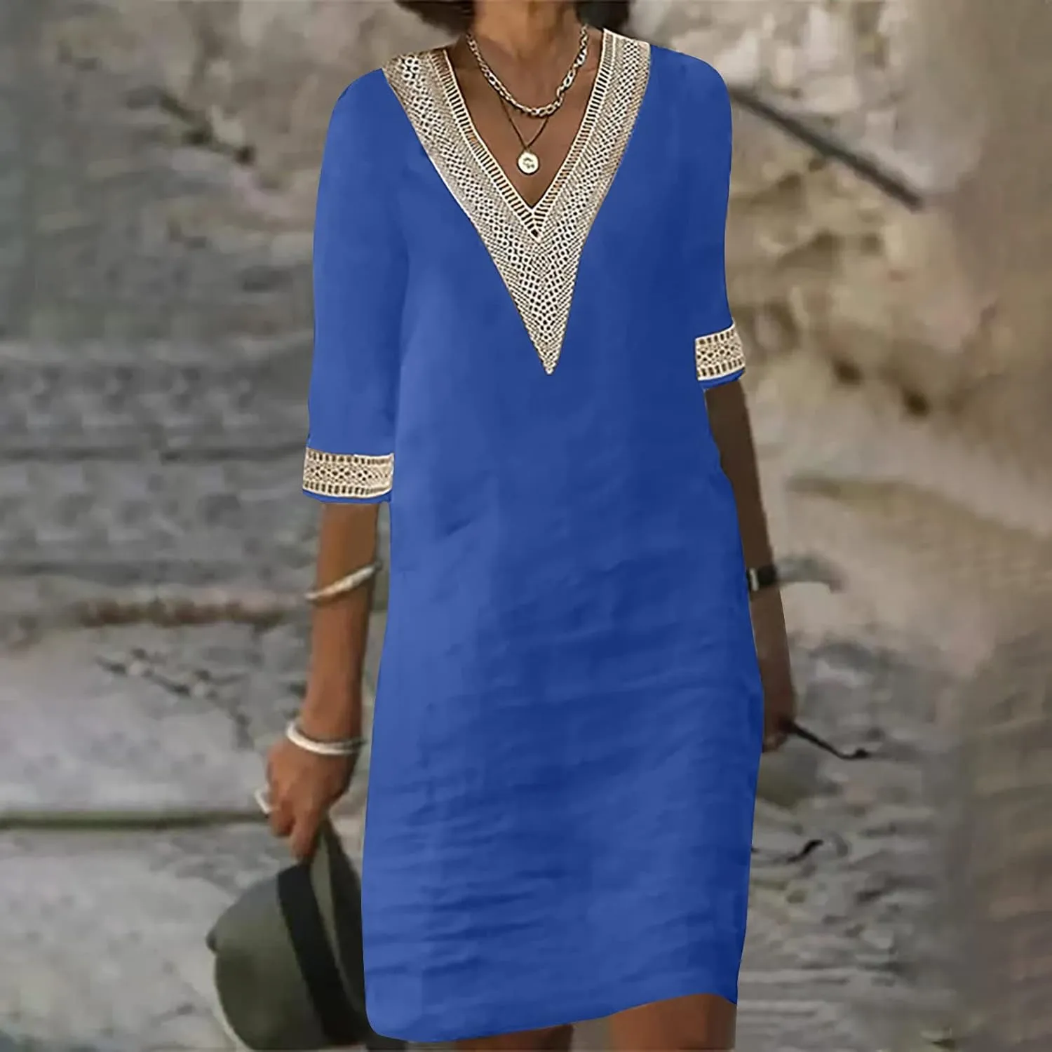Cotton Linen Midi Dress for Women Hollow Out Deep V-Neck Half Sleeve Dresses 2025 Solid Color Casual Beach Dress