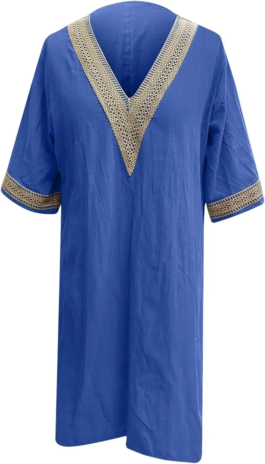 Cotton Linen Midi Dress for Women Hollow Out Deep V-Neck Half Sleeve Dresses 2025 Solid Color Casual Beach Dress
