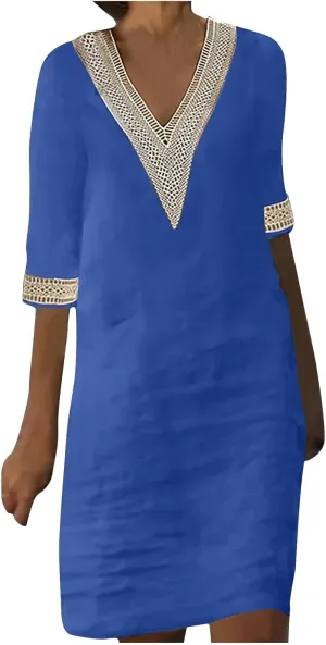 Cotton Linen Midi Dress for Women Hollow Out Deep V-Neck Half Sleeve Dresses 2025 Solid Color Casual Beach Dress
