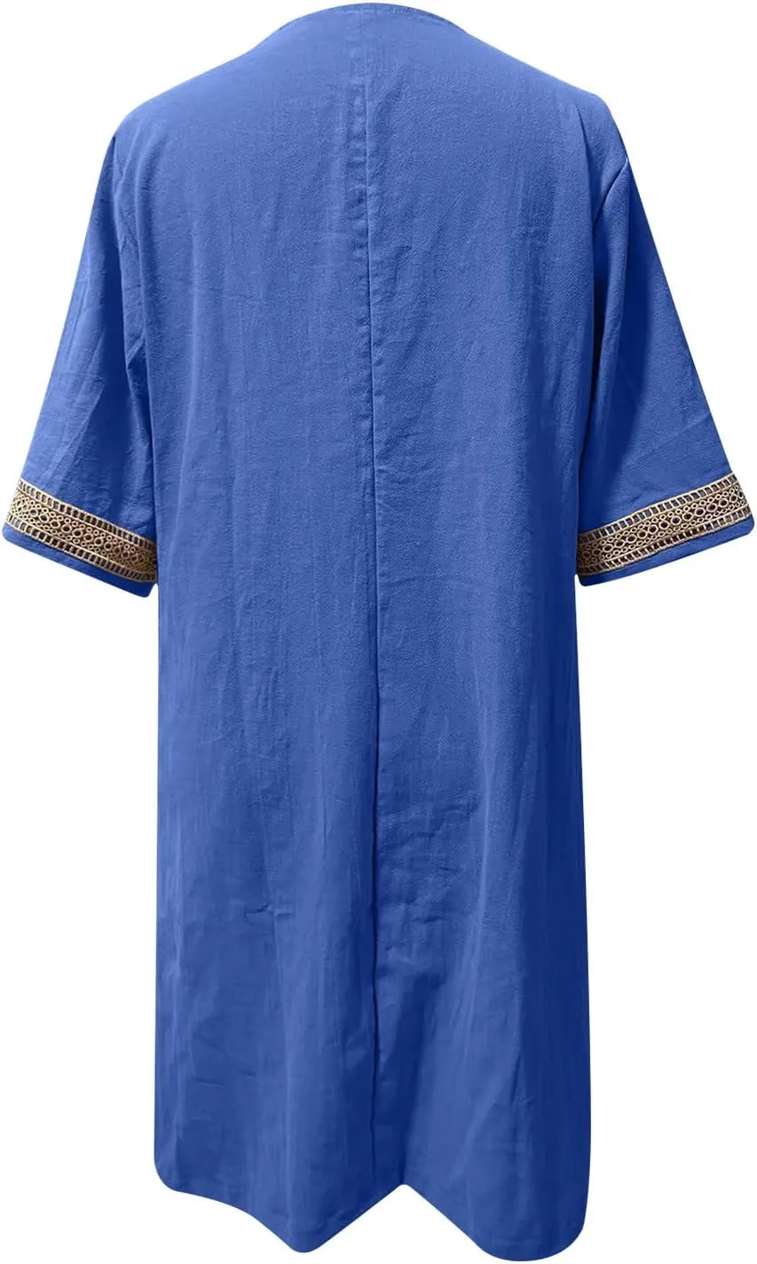 Cotton Linen Midi Dress for Women Hollow Out Deep V-Neck Half Sleeve Dresses 2025 Solid Color Casual Beach Dress