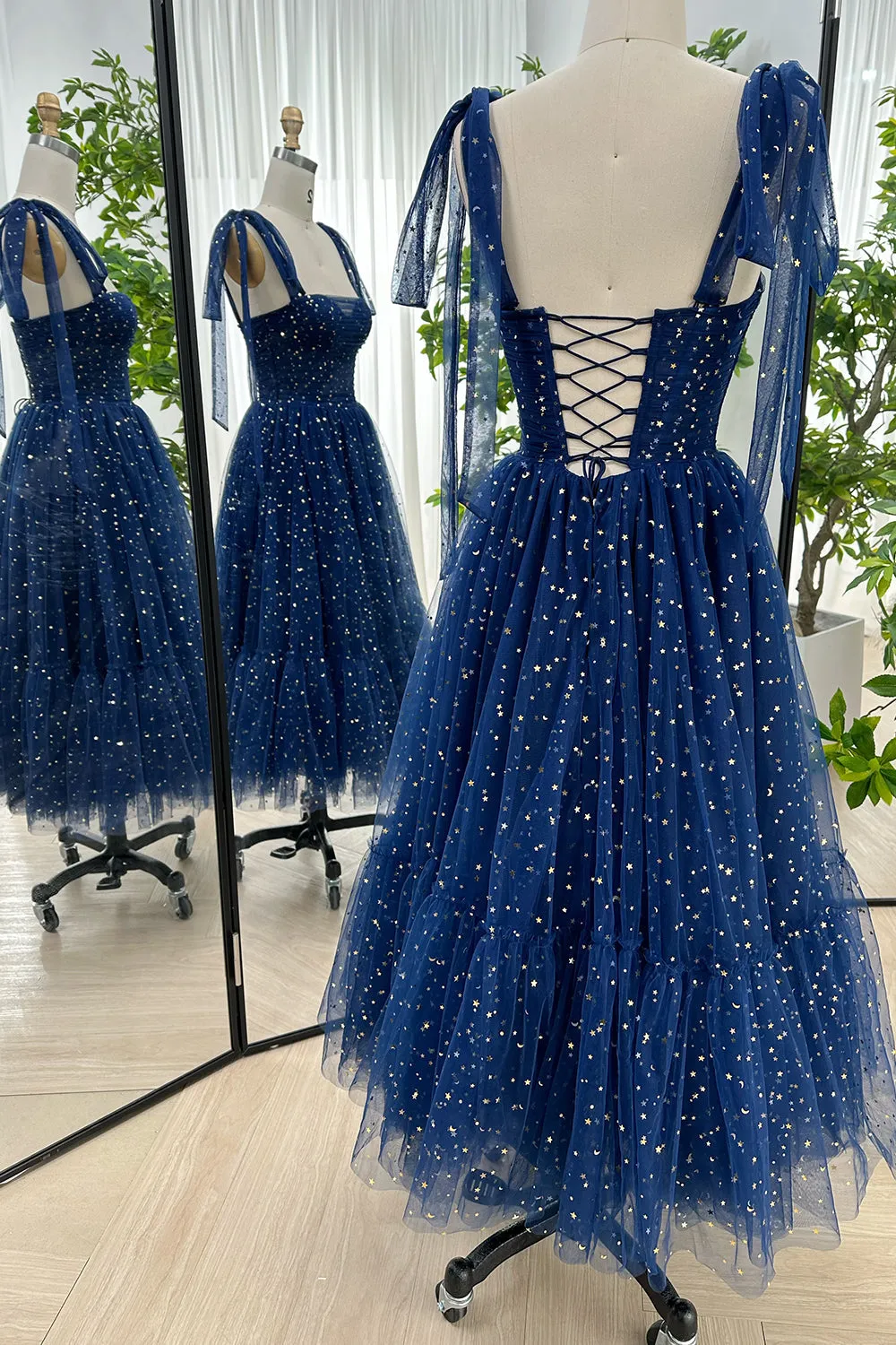 Elegant Dark Navy Sweetheart Midi Formal Dress with Removable Tulle Straps