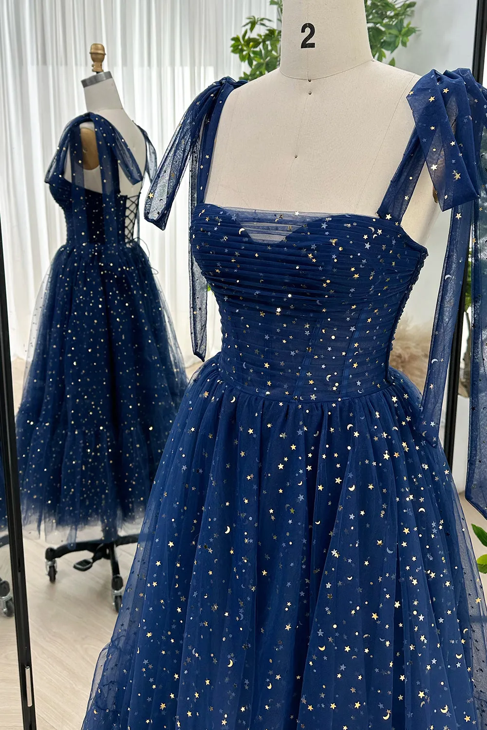 Elegant Dark Navy Sweetheart Midi Formal Dress with Removable Tulle Straps