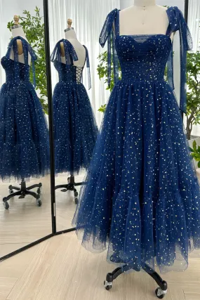 Elegant Dark Navy Sweetheart Midi Formal Dress with Removable Tulle Straps