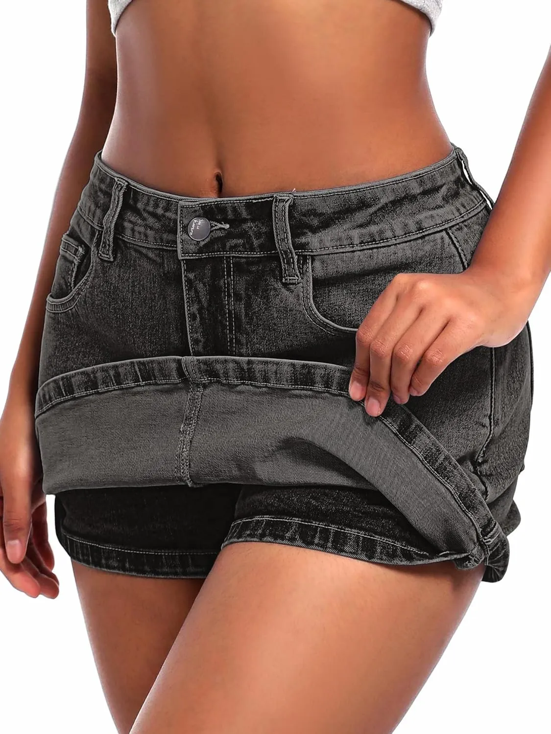 ELLEVEN High Stretchy Mini Skort Skirt for Women,Low Waist Denim Skort Shorts with Pockets