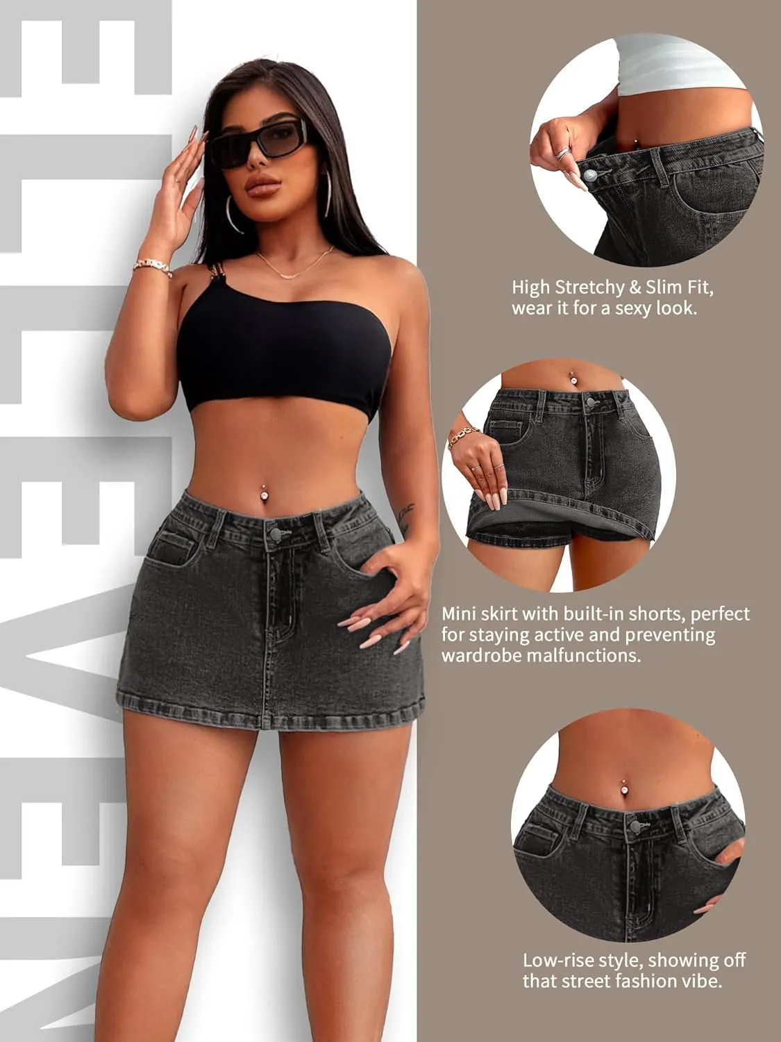 ELLEVEN High Stretchy Mini Skort Skirt for Women,Low Waist Denim Skort Shorts with Pockets