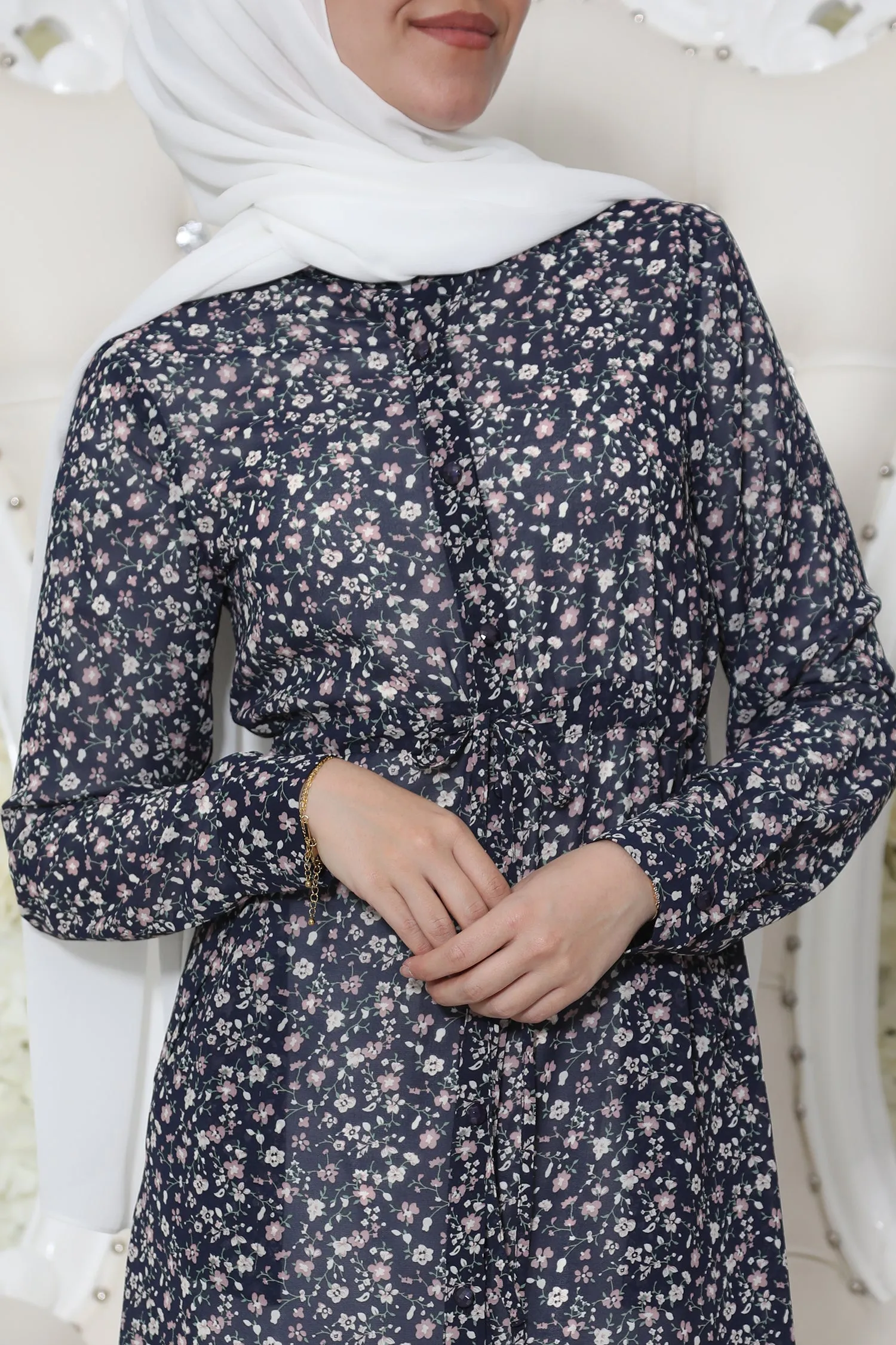 Floral Sheer Buttoned-Down Tunic- Navy Blue/ Nude