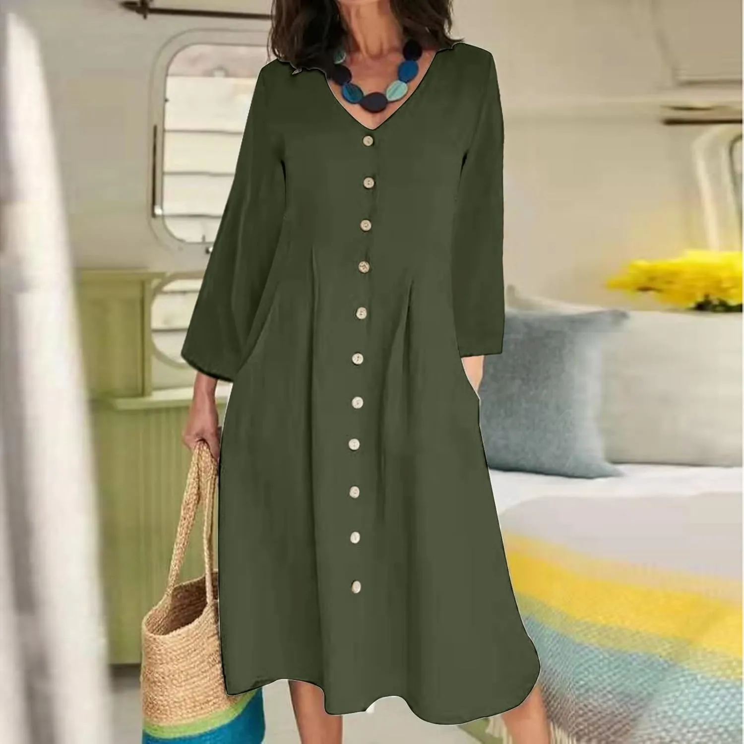 Geleglaer Women Casual V Neck Button Down Dress Cotton Linen Short Sleeve Knee Midi Length Loose Summer Dress Plus Size S-5XL