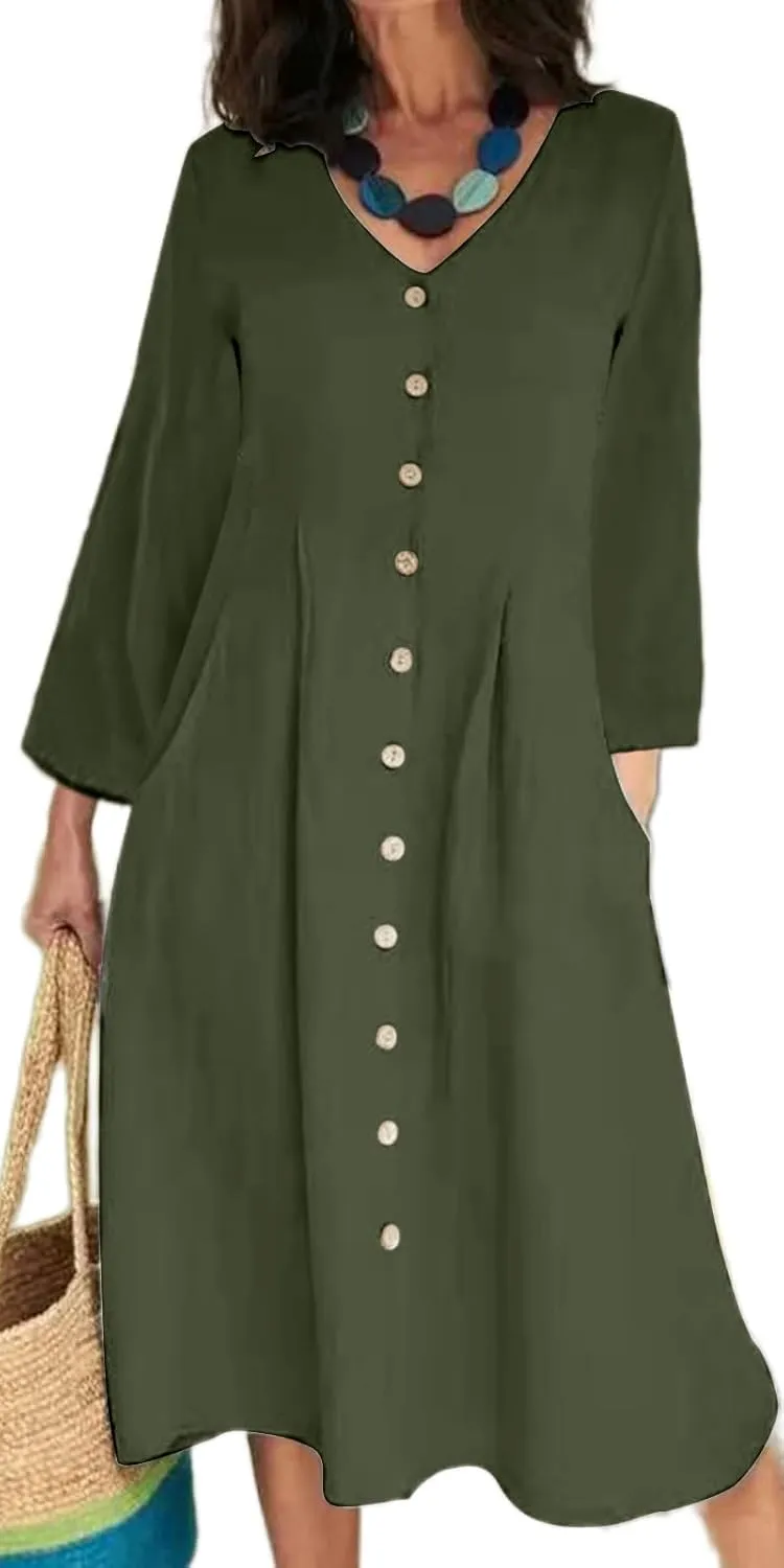 Geleglaer Women Casual V Neck Button Down Dress Cotton Linen Short Sleeve Knee Midi Length Loose Summer Dress Plus Size S-5XL