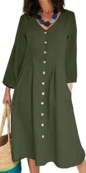 Geleglaer Women Casual V Neck Button Down Dress Cotton Linen Short Sleeve Knee Midi Length Loose Summer Dress Plus Size S-5XL