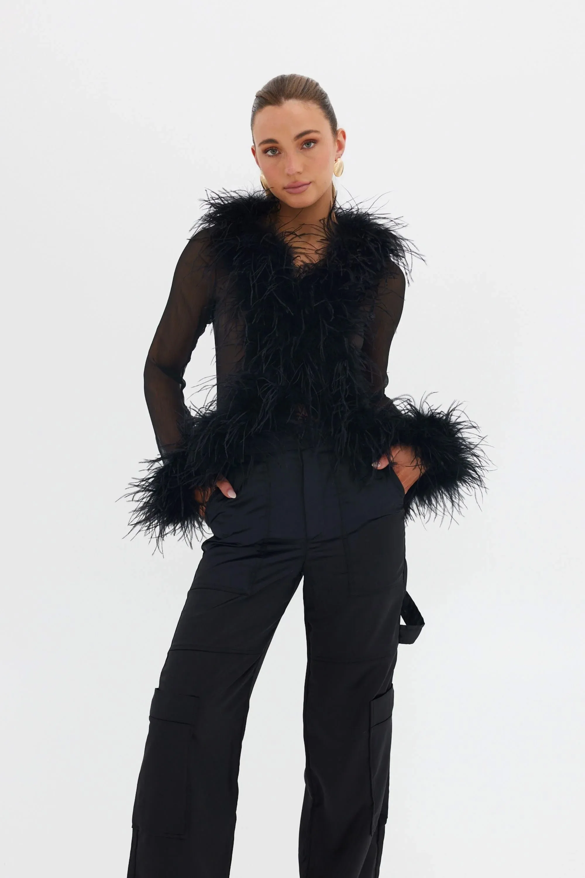 Chic Gigi Sheer Feather-Embellished Blouse in Black