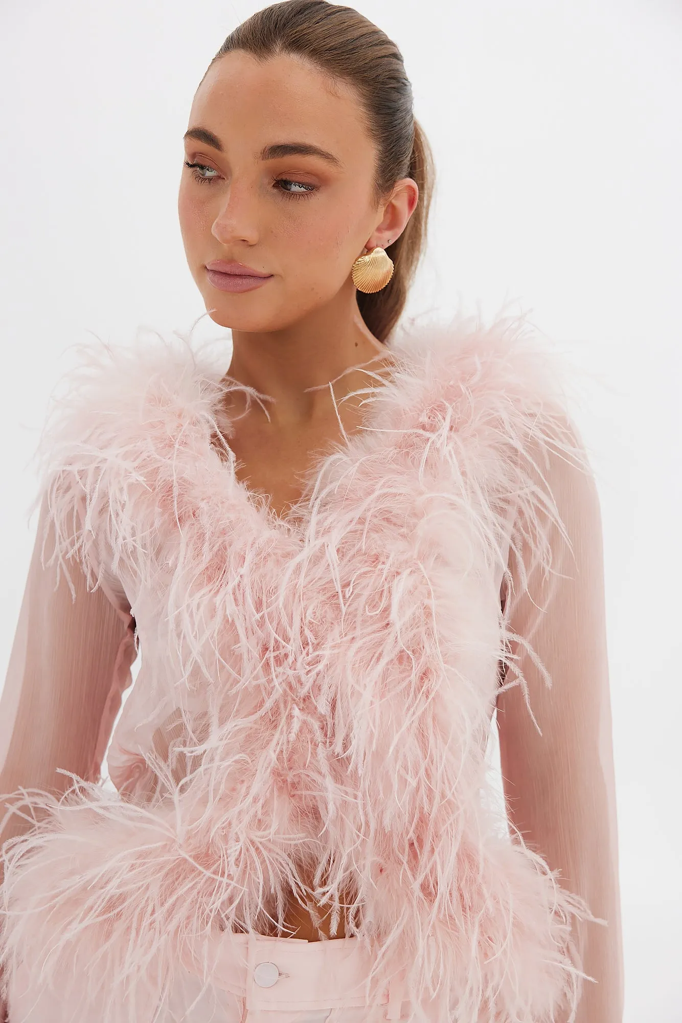 Blush Gigi Sheer Blouse with Feather Details