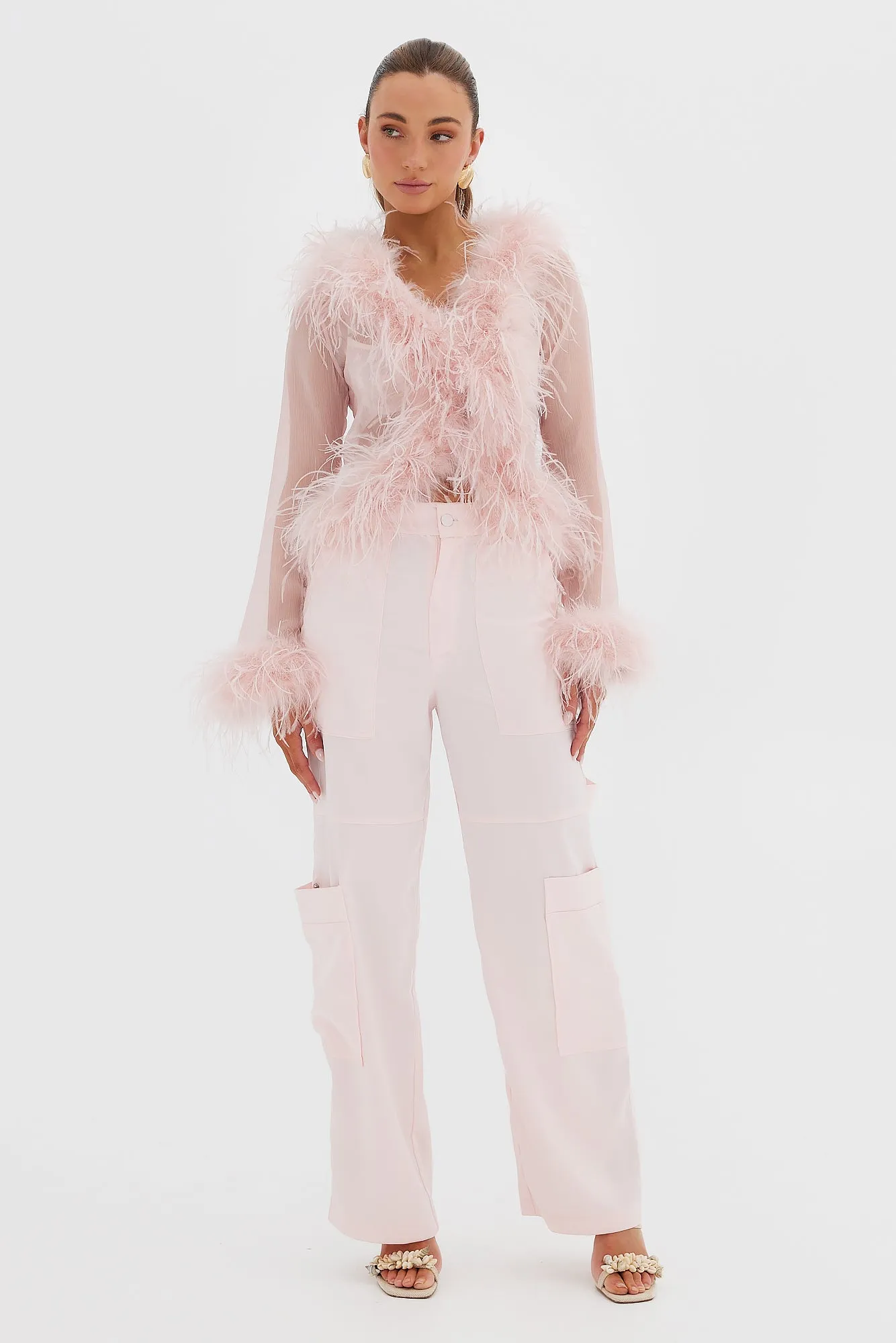 Blush Gigi Sheer Blouse with Feather Details