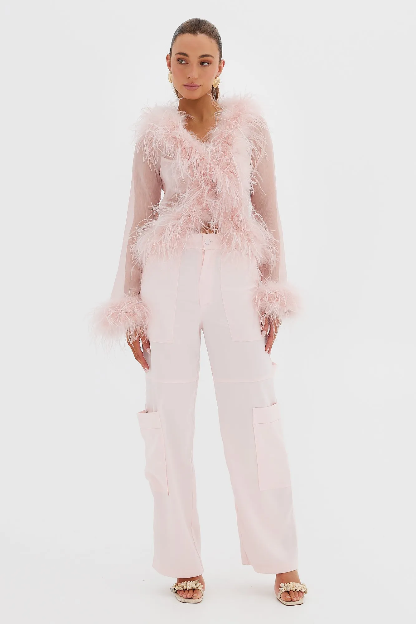 Blush Gigi Sheer Blouse with Feather Details
