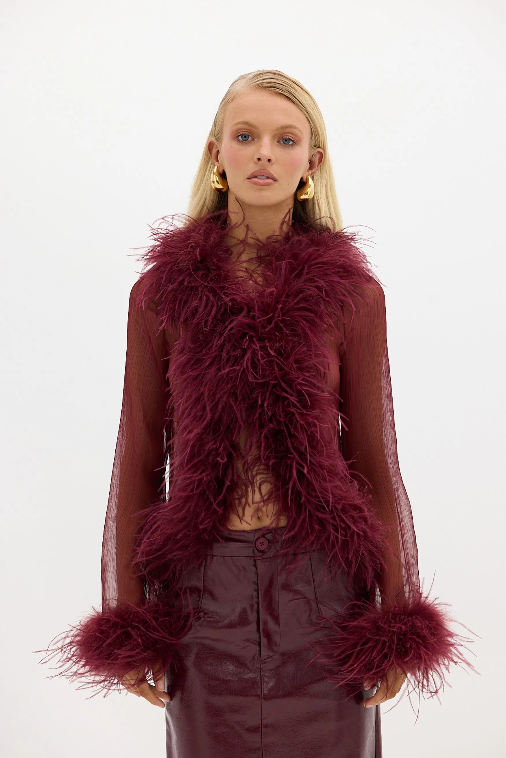 Cherry Red Gigi Blouse with Sheer Feather Detailing