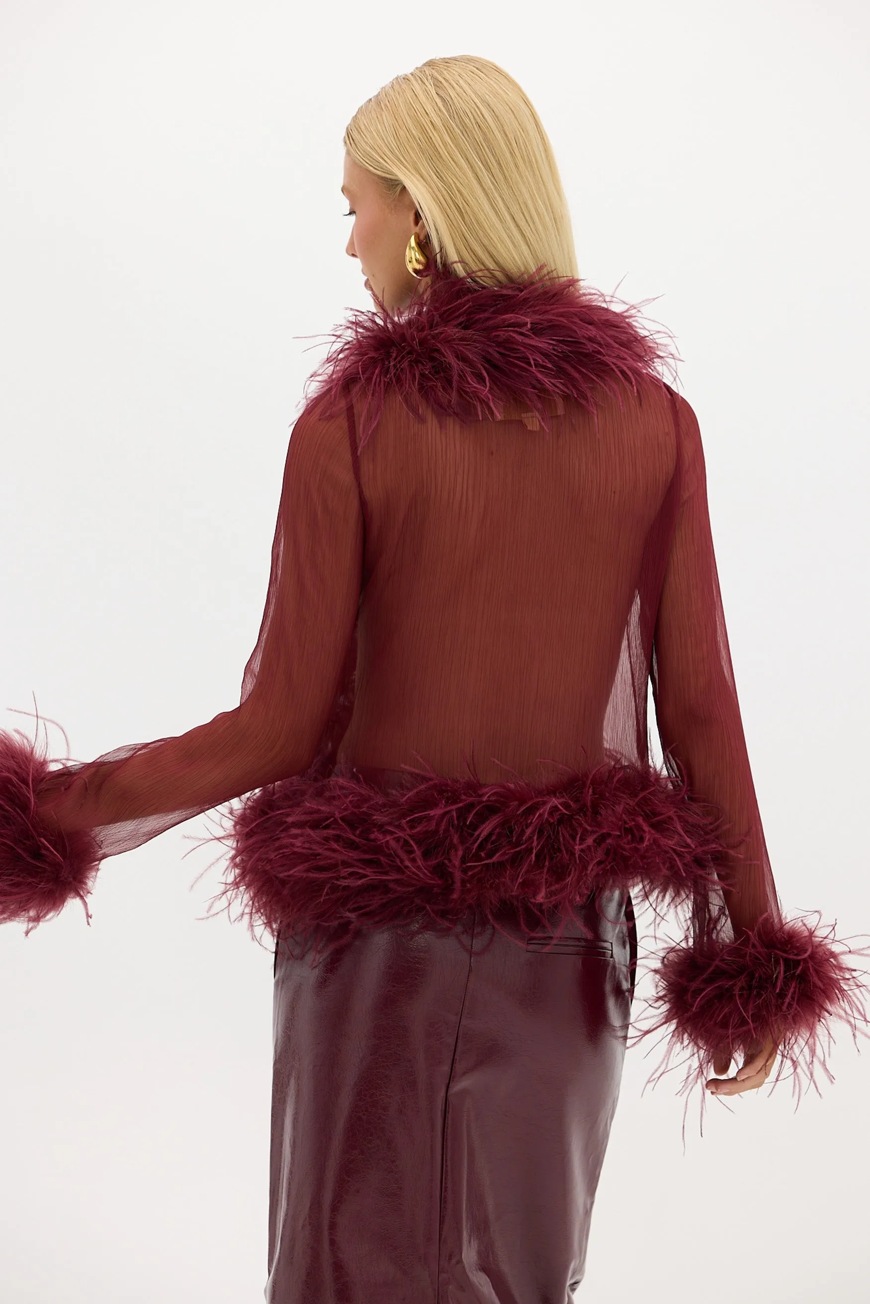 Cherry Red Gigi Blouse with Sheer Feather Detailing