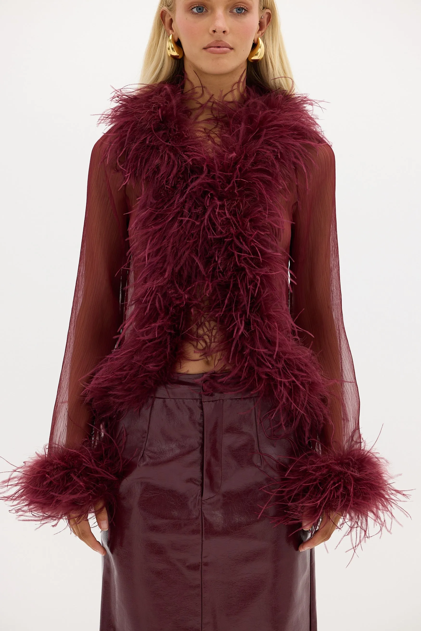 Cherry Red Gigi Blouse with Sheer Feather Detailing