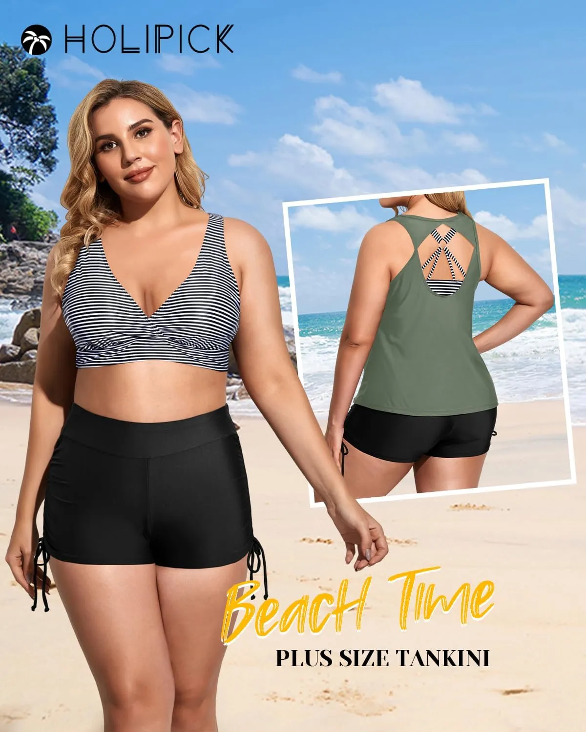 Holipick Women 3 Piece Plus Size Tankini Swimsuits Tummy Control Bathing Suits with Sports Bra with Boy Shorts