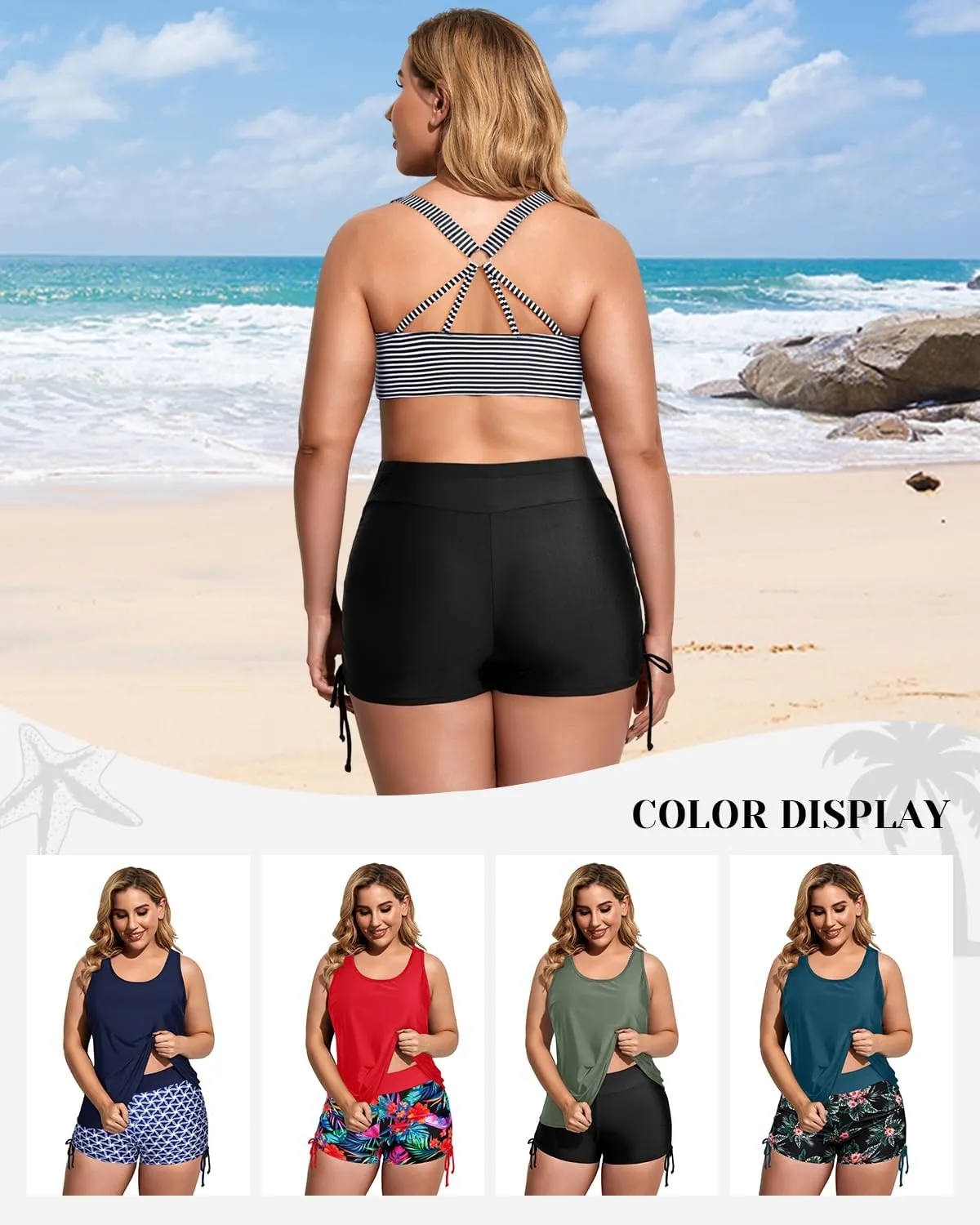 Holipick Women 3 Piece Plus Size Tankini Swimsuits Tummy Control Bathing Suits with Sports Bra with Boy Shorts
