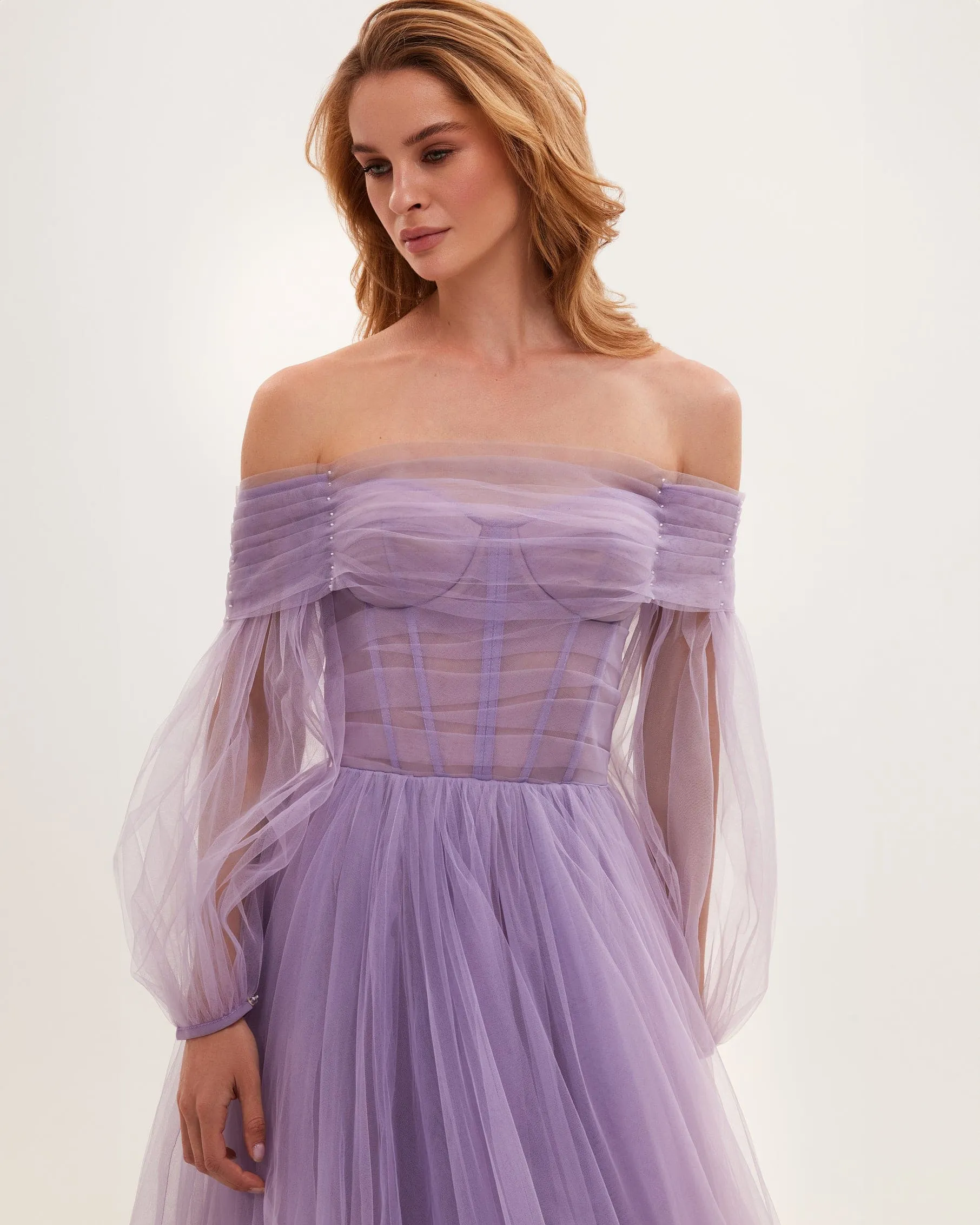 Maxi Tulle Dress with Lavender Sheer Sleeves