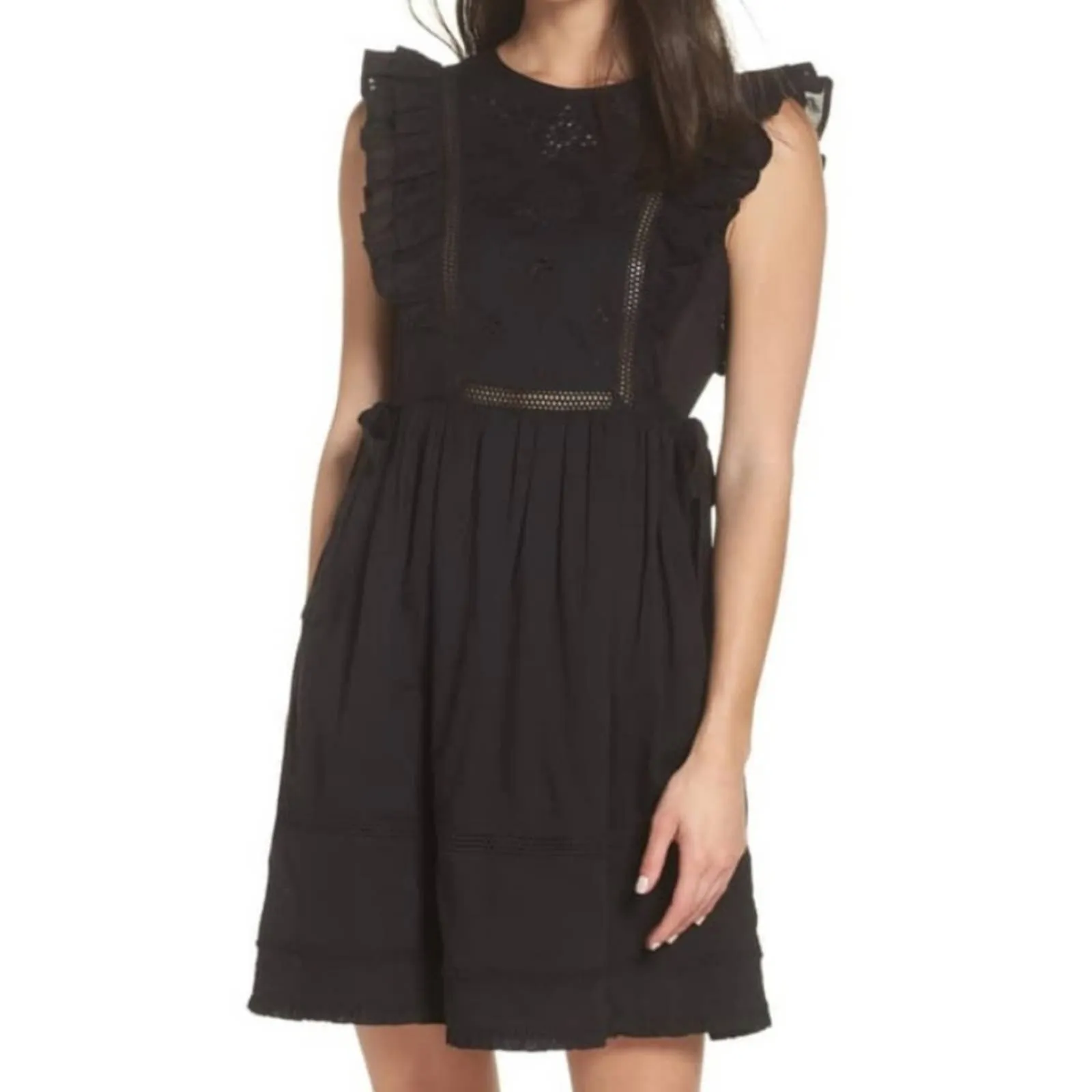 Lenon Ruffle Cotton Eyelet Fit & Flare Dress Black