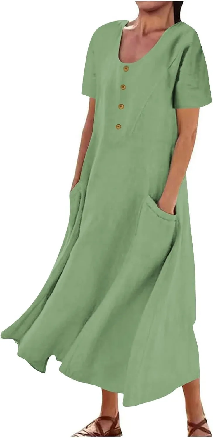 Linen Dress Women Long Short Sleeve Button Solid Cotton Flowy Dresses Plus Size Loose Comfy Maxi Dress with Pockets