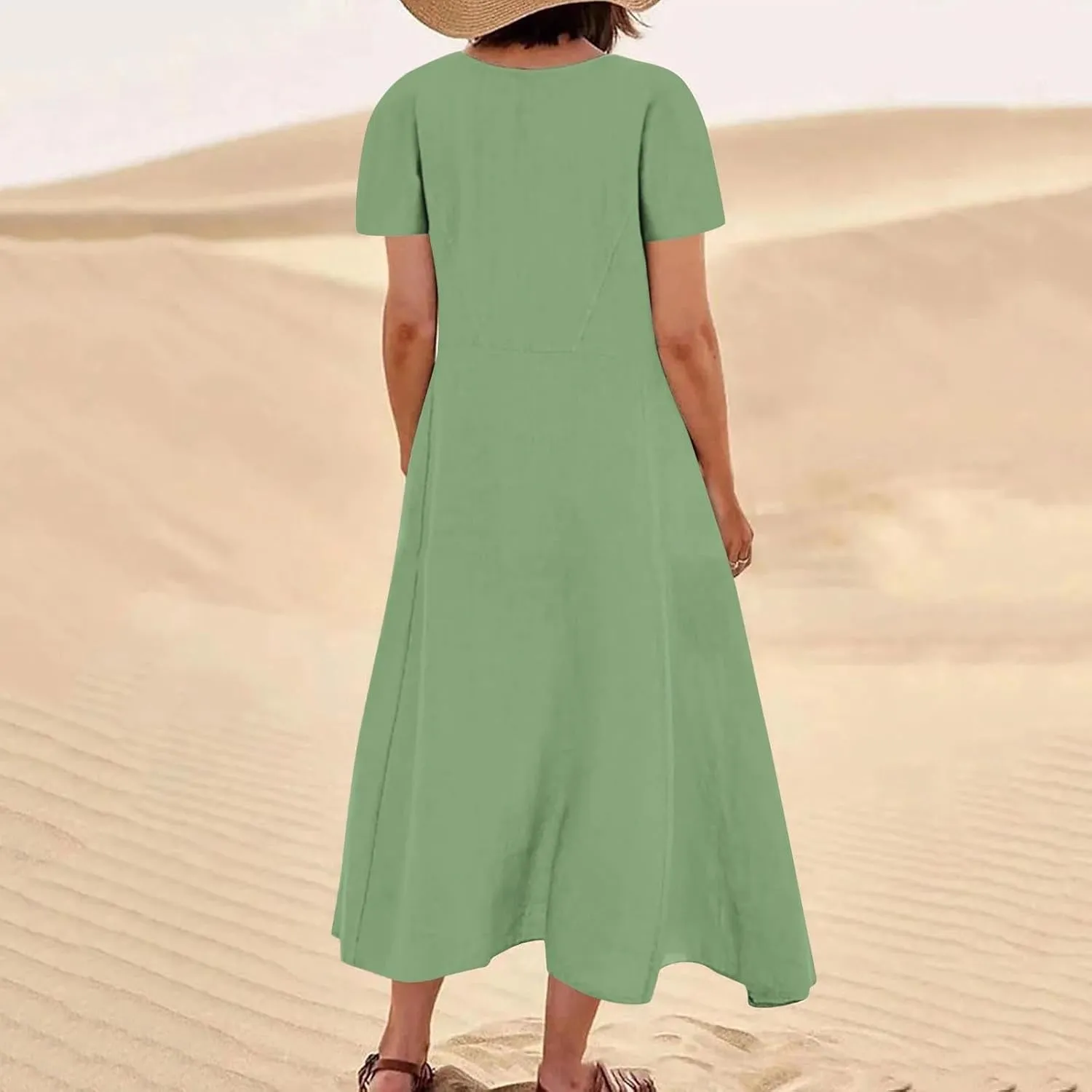 Linen Dress Women Long Short Sleeve Button Solid Cotton Flowy Dresses Plus Size Loose Comfy Maxi Dress with Pockets