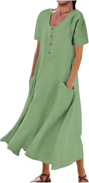 Linen Dress Women Long Short Sleeve Button Solid Cotton Flowy Dresses Plus Size Loose Comfy Maxi Dress with Pockets