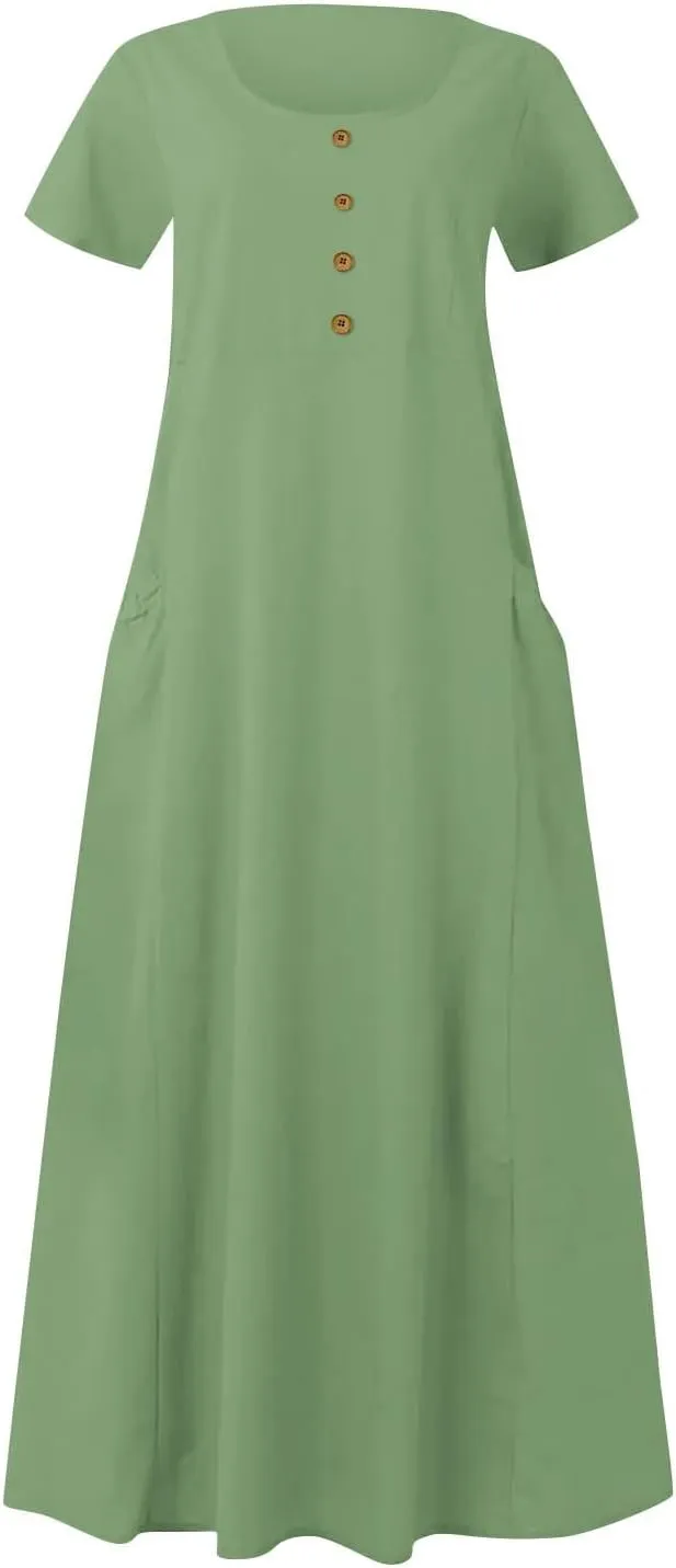 Linen Dress Women Long Short Sleeve Button Solid Cotton Flowy Dresses Plus Size Loose Comfy Maxi Dress with Pockets