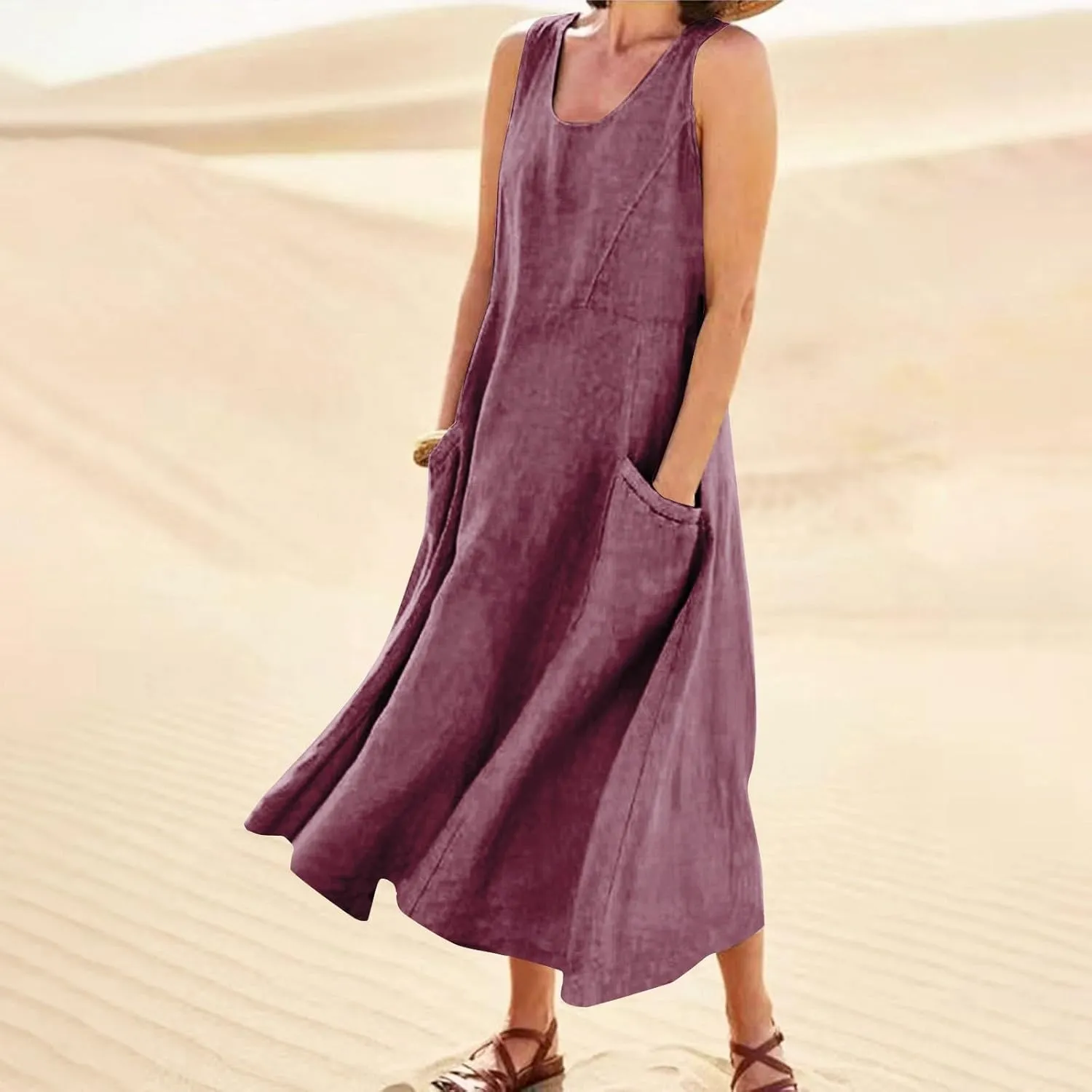 Linen Dress Women Plus Size Summer Dresses 2025 Casual Solid Colour Sleeveless Cotton Linen Dress with Pocket