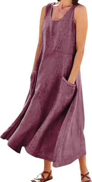 Linen Dress Women Plus Size Summer Dresses 2025 Casual Solid Colour Sleeveless Cotton Linen Dress with Pocket