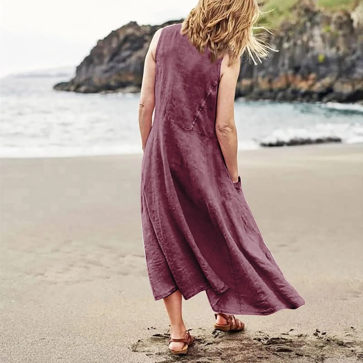 Linen Dress Women Plus Size Summer Dresses 2025 Casual Solid Colour Sleeveless Cotton Linen Dress with Pocket