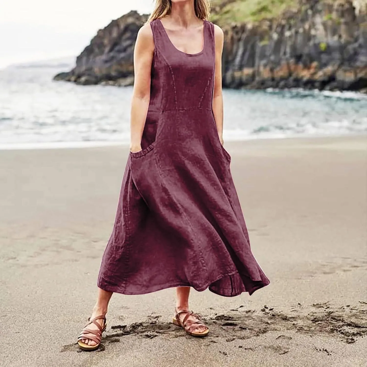 Linen Dress Women Plus Size Summer Dresses 2025 Casual Solid Colour Sleeveless Cotton Linen Dress with Pocket
