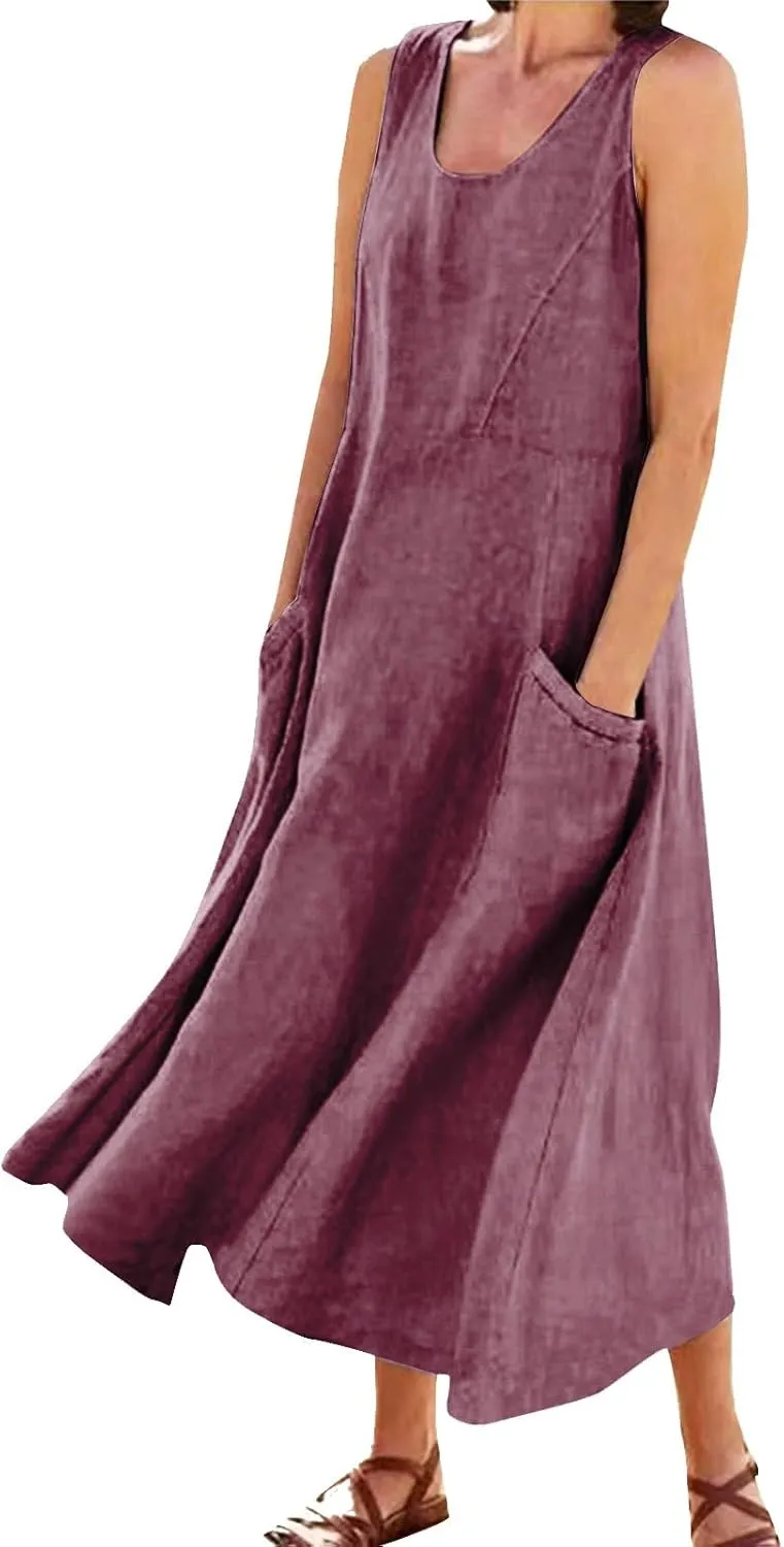 Linen Dress Women Plus Size Summer Dresses 2025 Casual Solid Colour Sleeveless Cotton Linen Dress with Pocket