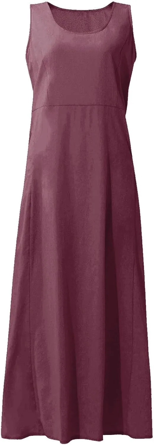 Linen Dress Women Plus Size Summer Dresses 2025 Casual Solid Colour Sleeveless Cotton Linen Dress with Pocket