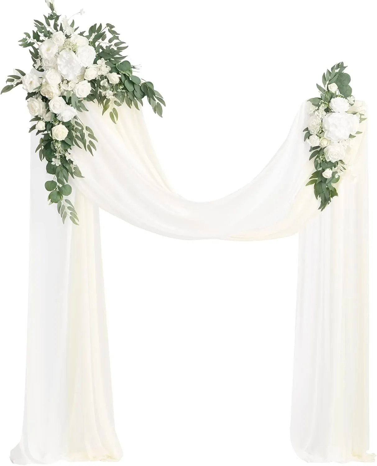 Ling's Moment Artificial Wedding Arch Flowers Kit Pack of 4, 2pcs Hanging Silk Flowers Arrangement 2pcs Chiffon Drapes Ceremony Spring Fake Rose Arbor Backdrop White Sage Floral Party Outdoor Decor