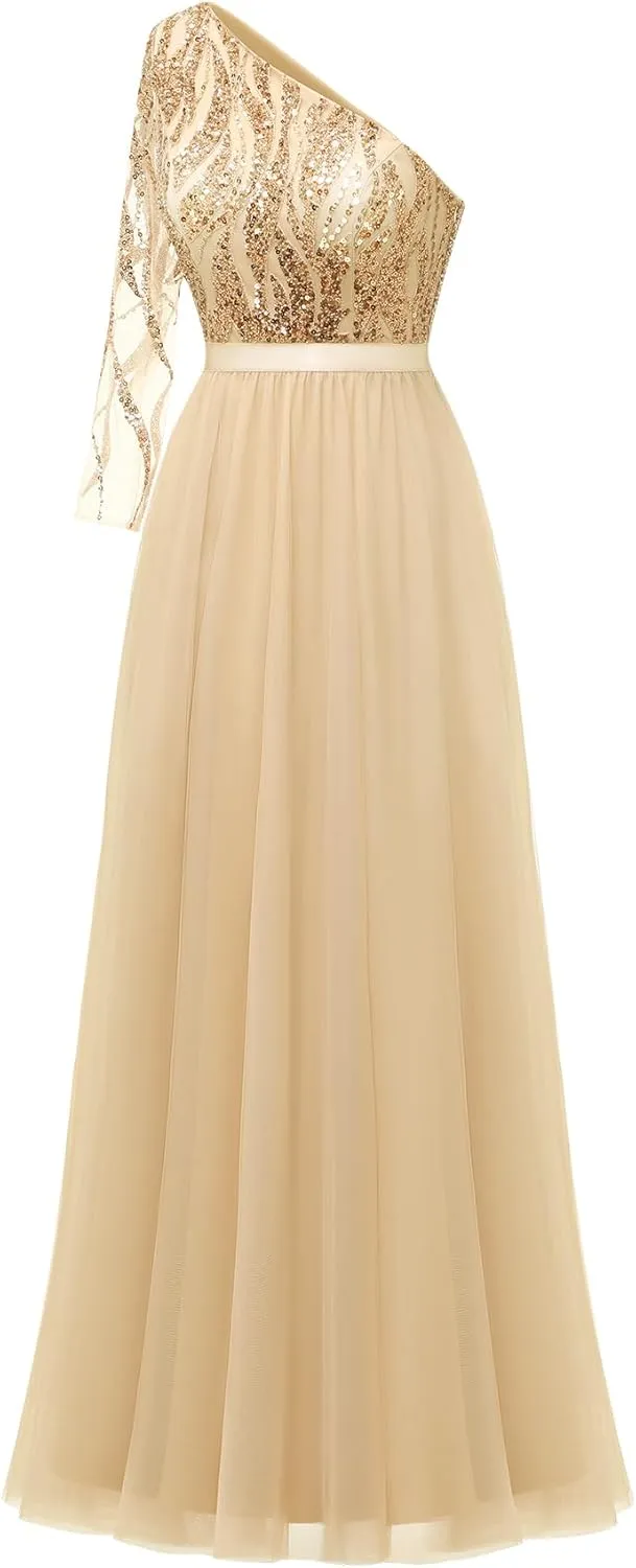 LVNES Women's 2024 Formal Dress One Shoulder Long Sleeves Formal Evening Dress Sparkly Sequin Beaded Cocktail Party Dresses