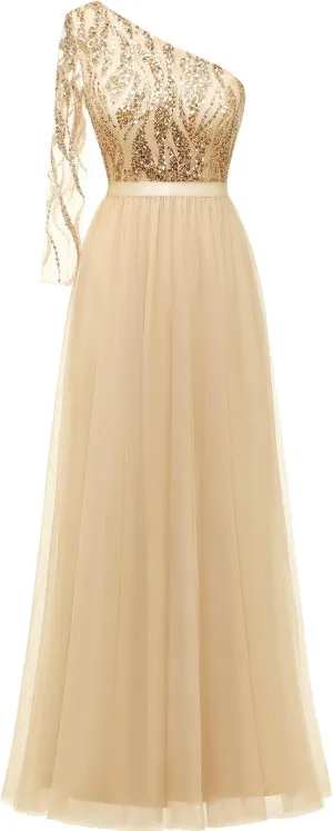 LVNES Women's 2024 Formal Dress One Shoulder Long Sleeves Formal Evening Dress Sparkly Sequin Beaded Cocktail Party Dresses