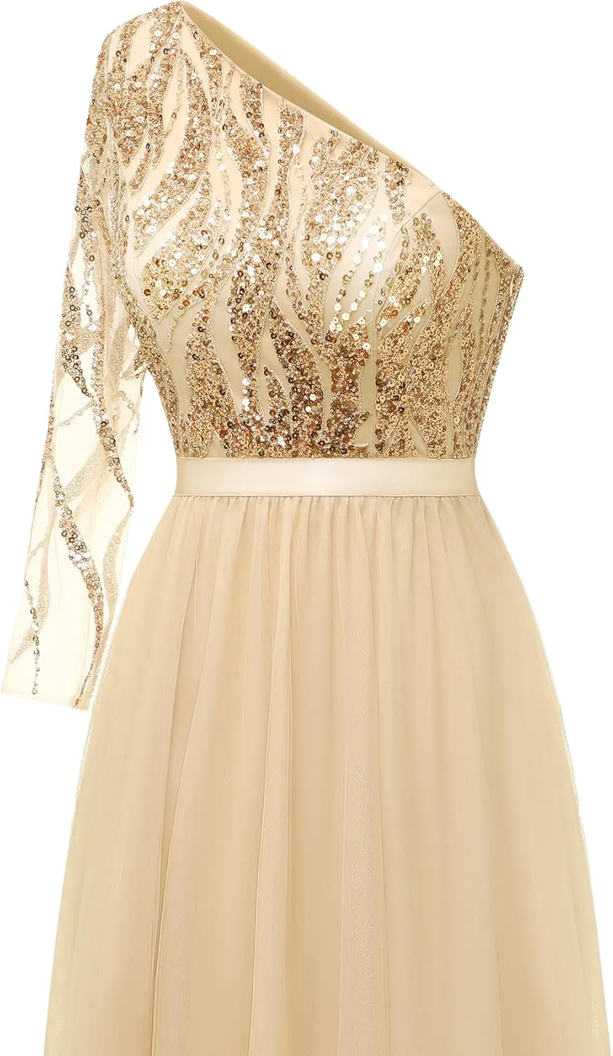 LVNES Women's 2024 Formal Dress One Shoulder Long Sleeves Formal Evening Dress Sparkly Sequin Beaded Cocktail Party Dresses