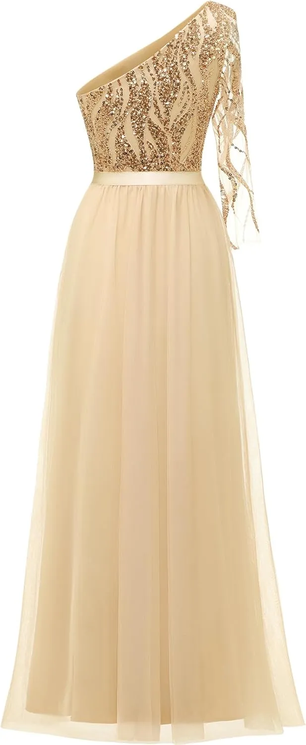 LVNES Women's 2024 Formal Dress One Shoulder Long Sleeves Formal Evening Dress Sparkly Sequin Beaded Cocktail Party Dresses