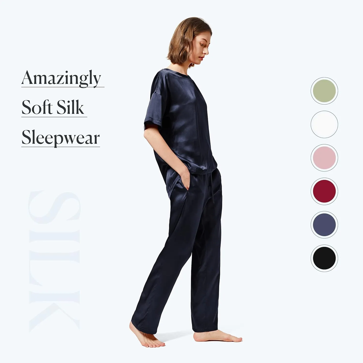 Mommesilk Silk Pajamas for Women Half Sleeve Washable 100% Real Mulberry Silk Pj Sets Sleep Summer